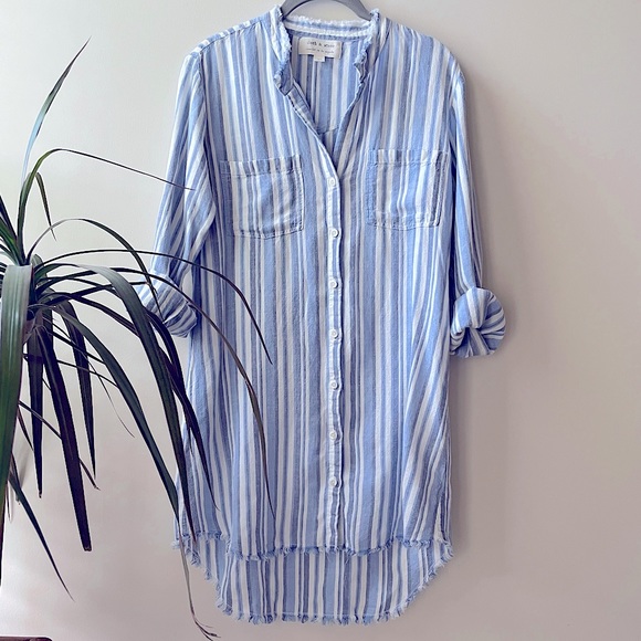 Anthropologie Cloth & Stone Blue Striped Tunic button Down Shirt - Picture 1 of 6